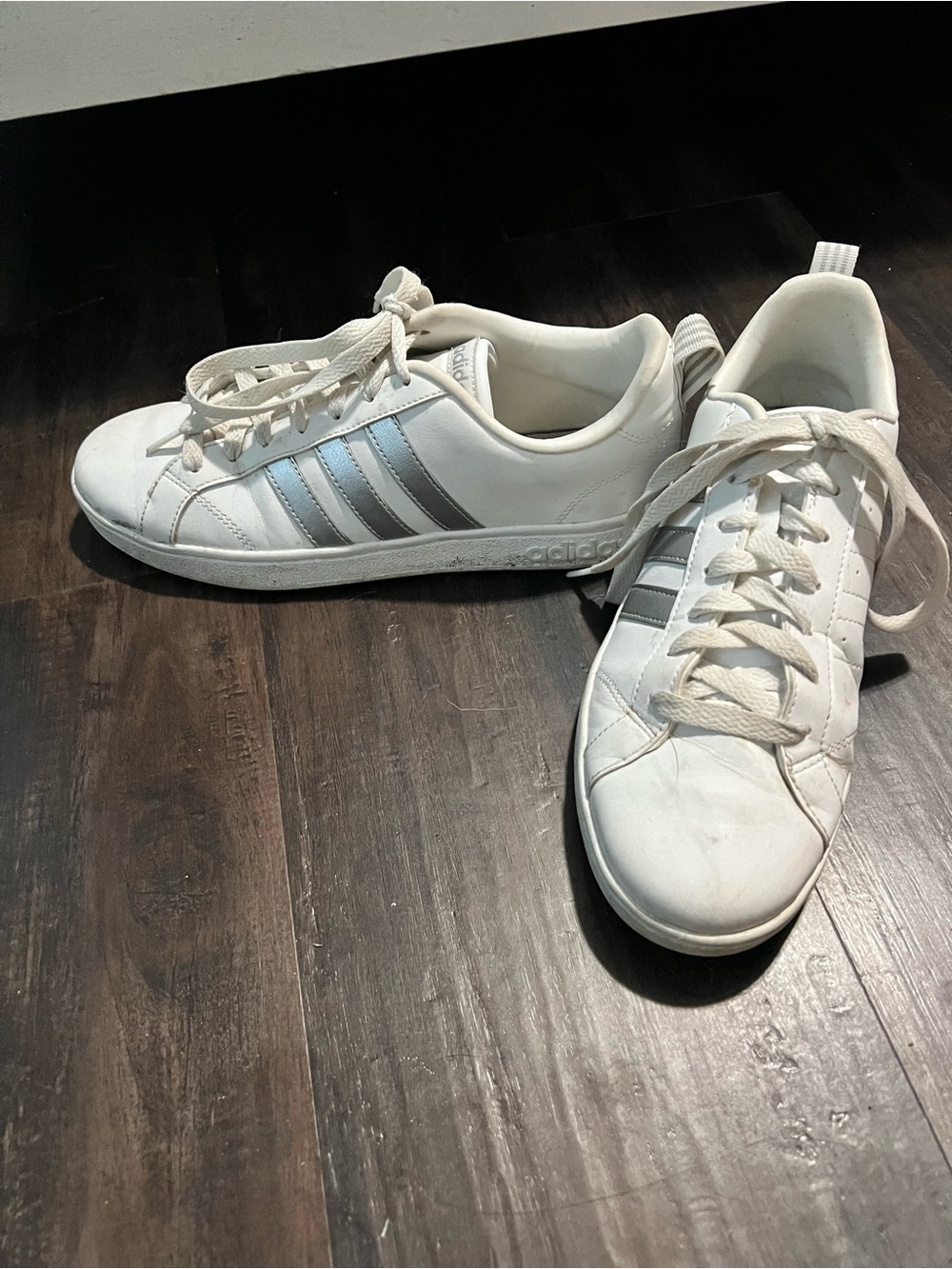 adidas White Sneakers with Silver Stripes - Women’s